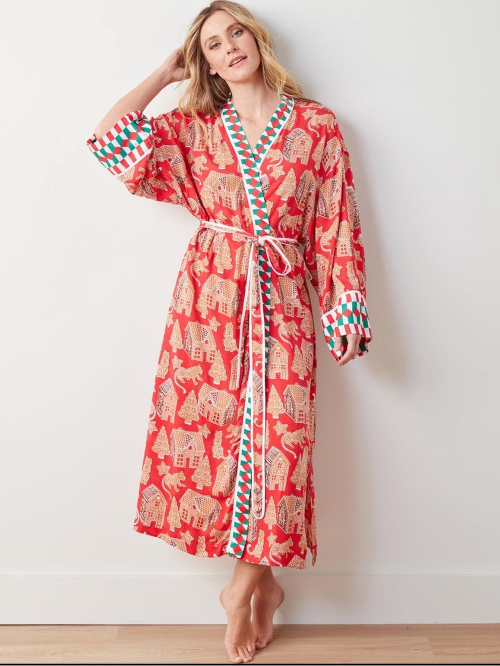 Printfresh Gingerbread Party Eco Satin Robe Ruby Red 1X/2X NWT